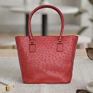 Grand Pelle Red Genuine Ostrich Leather Trapezoid Tote Bag