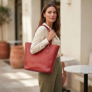 Grand Pelle Red Genuine Ostrich Leather Trapezoid Tote Bag
