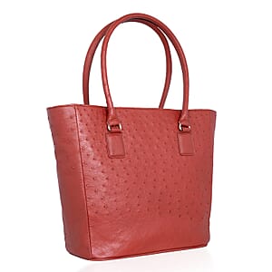 Grand Pelle Red Genuine Ostrich Leather Trapezoid Tote Bag