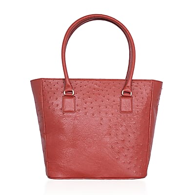 Grand Pelle Red Genuine Ostrich Leather Trapezoid Tote Bag