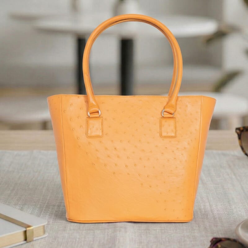 Grand Pelle Camel Genuine Ostrich Leather Trapezoid Tote Bag