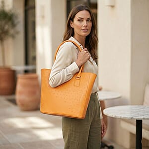 Grand Pelle Camel Genuine Ostrich Leather Trapezoid Tote Bag