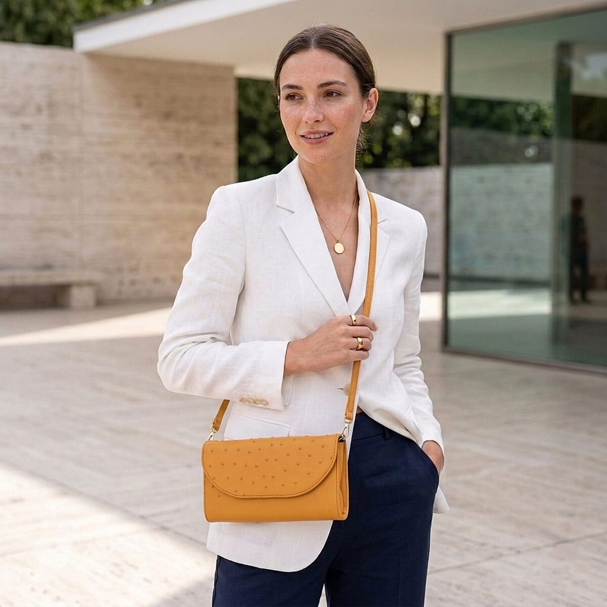 Grand Pelle Camel Genuine Ostrich Leather Crossbody Wallet image number 2