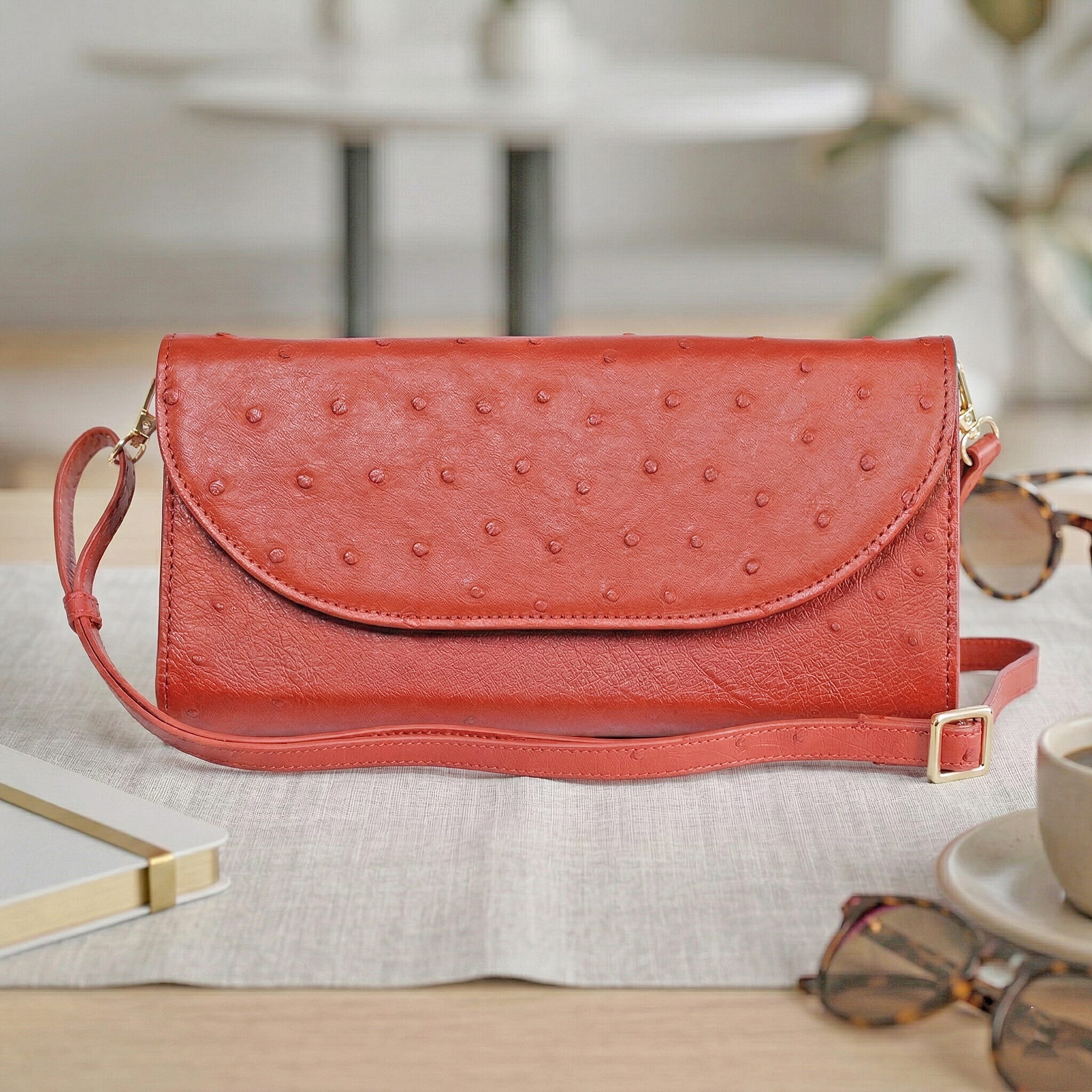 Grand Pelle Red Genuine Ostrich Leather Crossbody Wallet