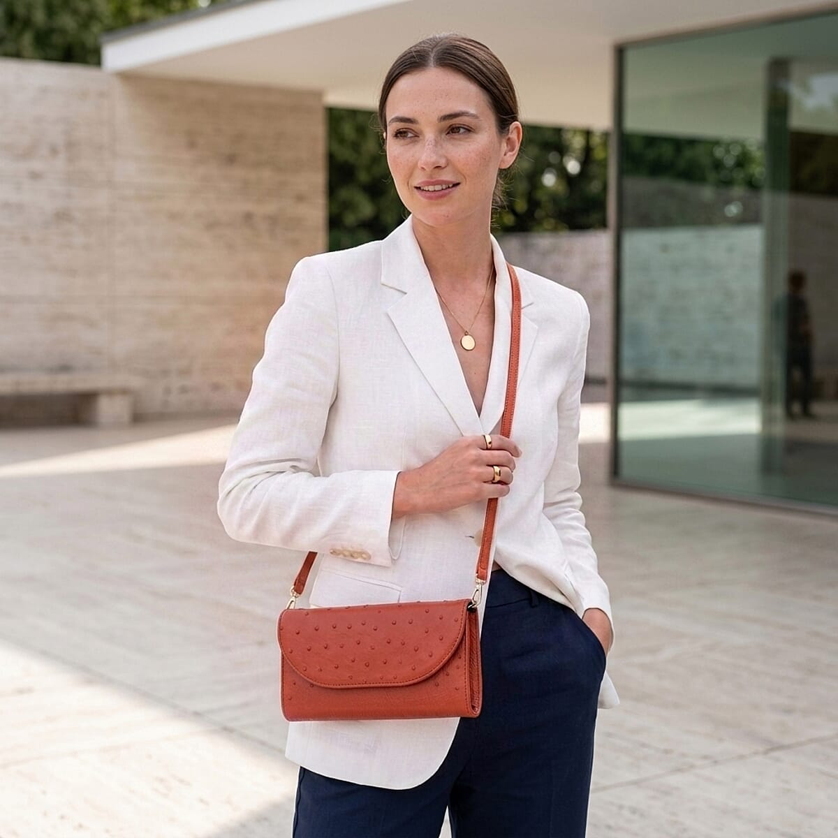 Grand Pelle Red Genuine Ostrich Leather Crossbody Wallet image number 2