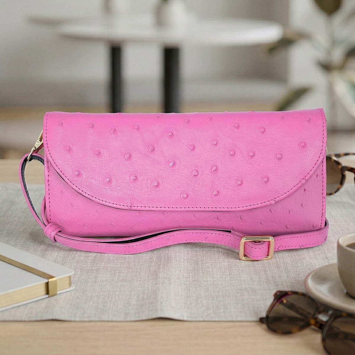 Grand Pelle Pink Genuine Ostrich Leather Crossbody Wallet image number 1