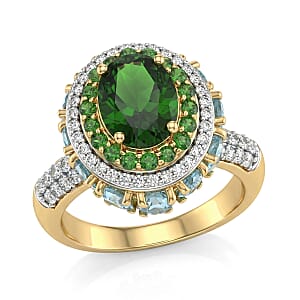 D'Joy Chrome Diopside and Multi Gemstone 6.00 ctw Lotus Flower Ring in 18K Vermeil Yellow Gold Over Sterling Silver (Size 10.0)