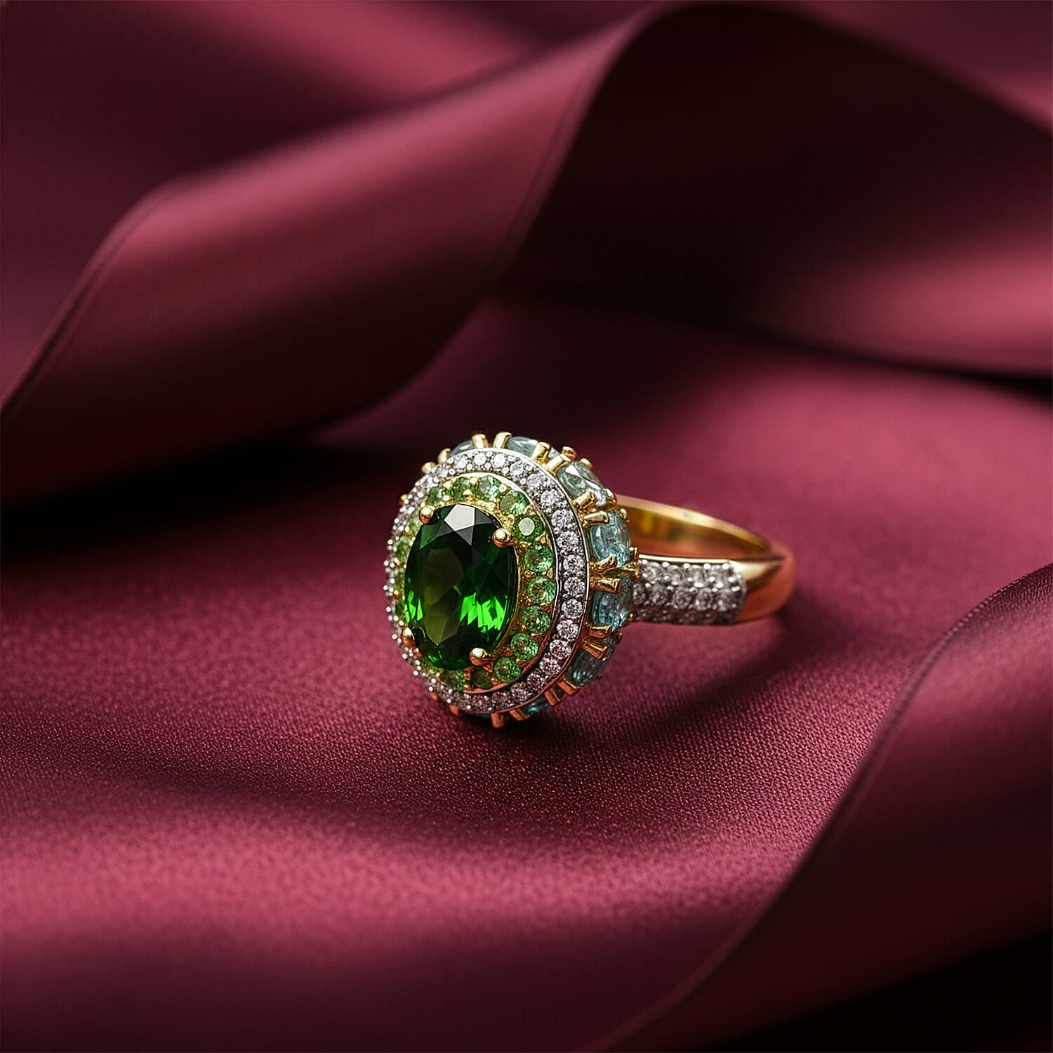 D'Joy Chrome Diopside and Multi Gemstone 6.00 ctw Lotus Flower Ring in 18K Vermeil Yellow Gold Over Sterling Silver (Size 10.0)