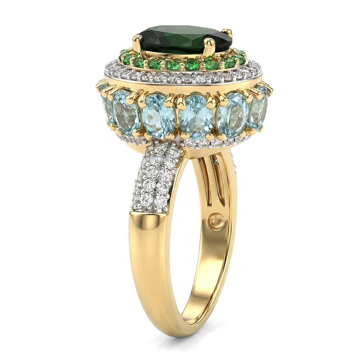 D'Joy Chrome Diopside and Multi Gemstone 6.00 ctw Lotus Flower Ring in 18K Vermeil Yellow Gold Over Sterling Silver (Size 10.0)
