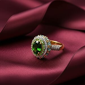 D'Joy Chrome Diopside and Multi Gemstone 6.25 ctw Lotus Flower Ring in 18K Vermeil Yellow Gold Over Sterling Silver (Size 6.0) 