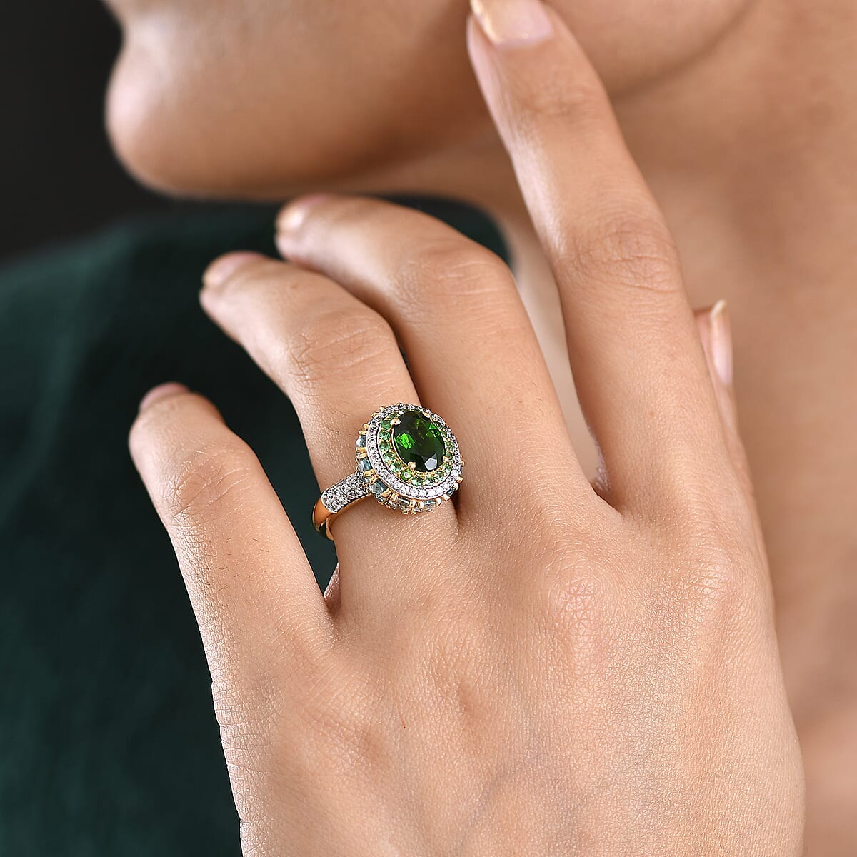 D'Joy Chrome Diopside and Multi Gemstone 6.25 ctw Lotus Flower Ring in 18K Vermeil Yellow Gold Over Sterling Silver (Size 6.0)  image number 2