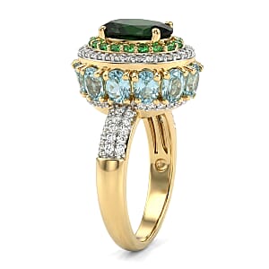 D'Joy Chrome Diopside and Multi Gemstone 6.25 ctw Lotus Flower Ring in 18K Vermeil Yellow Gold Over Sterling Silver (Size 6.0) 