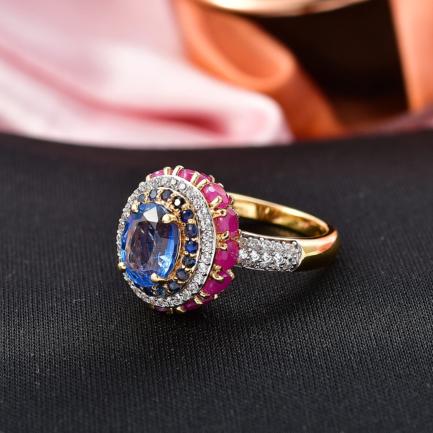 D'Joy Kashmir Kyanite and Multi Gemstone 6.65 ctw Lotus Flower Ring in 18K Vermeil Yellow Gold Over Sterling Silver (Size 9.0)
