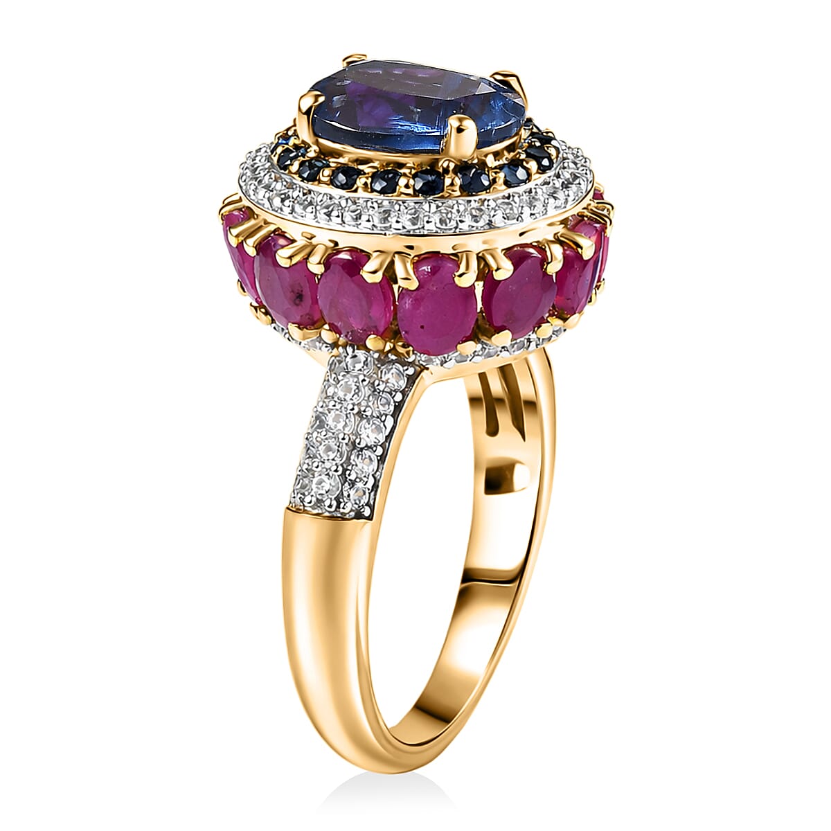 D'Joy Kashmir Kyanite and Multi Gemstone 6.65 ctw Lotus Flower Ring in 18K Vermeil Yellow Gold Over Sterling Silver (Size 9.0)