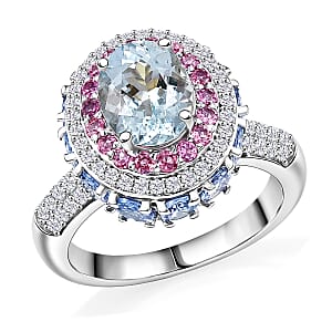D'Joy Premium Mangoro Aquamarine and Multi Gemstone 4.20 ctw Lotus Flower Ring in Rhodium Over Sterling Silver (Size 10.0)