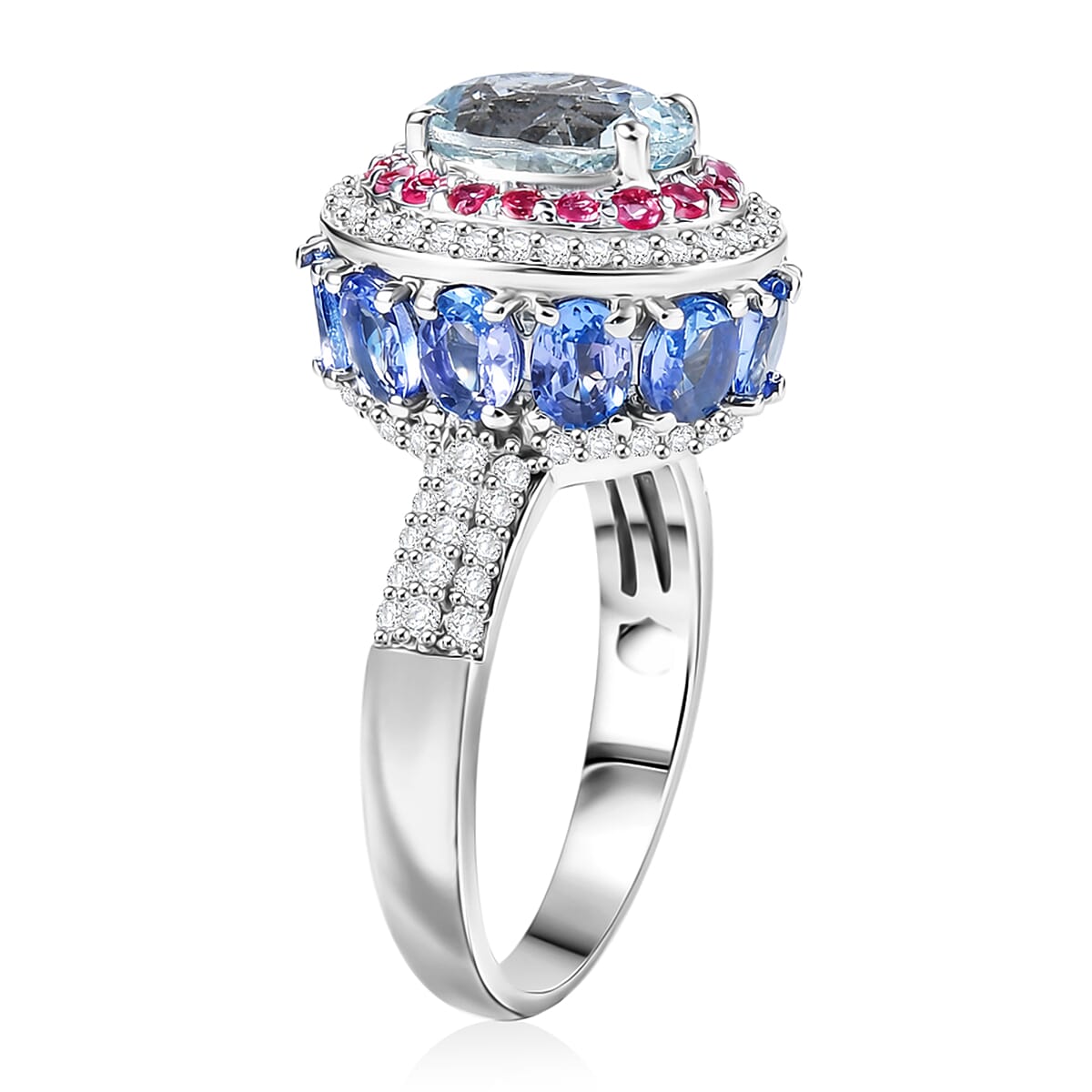 D'Joy Premium Mangoro Aquamarine and Multi Gemstone 4.20 ctw Lotus Flower Ring in Rhodium Over Sterling Silver (Size 10.0) image number 1