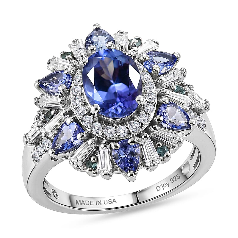 D'Joy Premium Tanzanite, Paraiba Tourmaline and Moissanite 3.15 ctw Sunburst Ring in Rhodium Over Sterling Silver (Size 6.0)