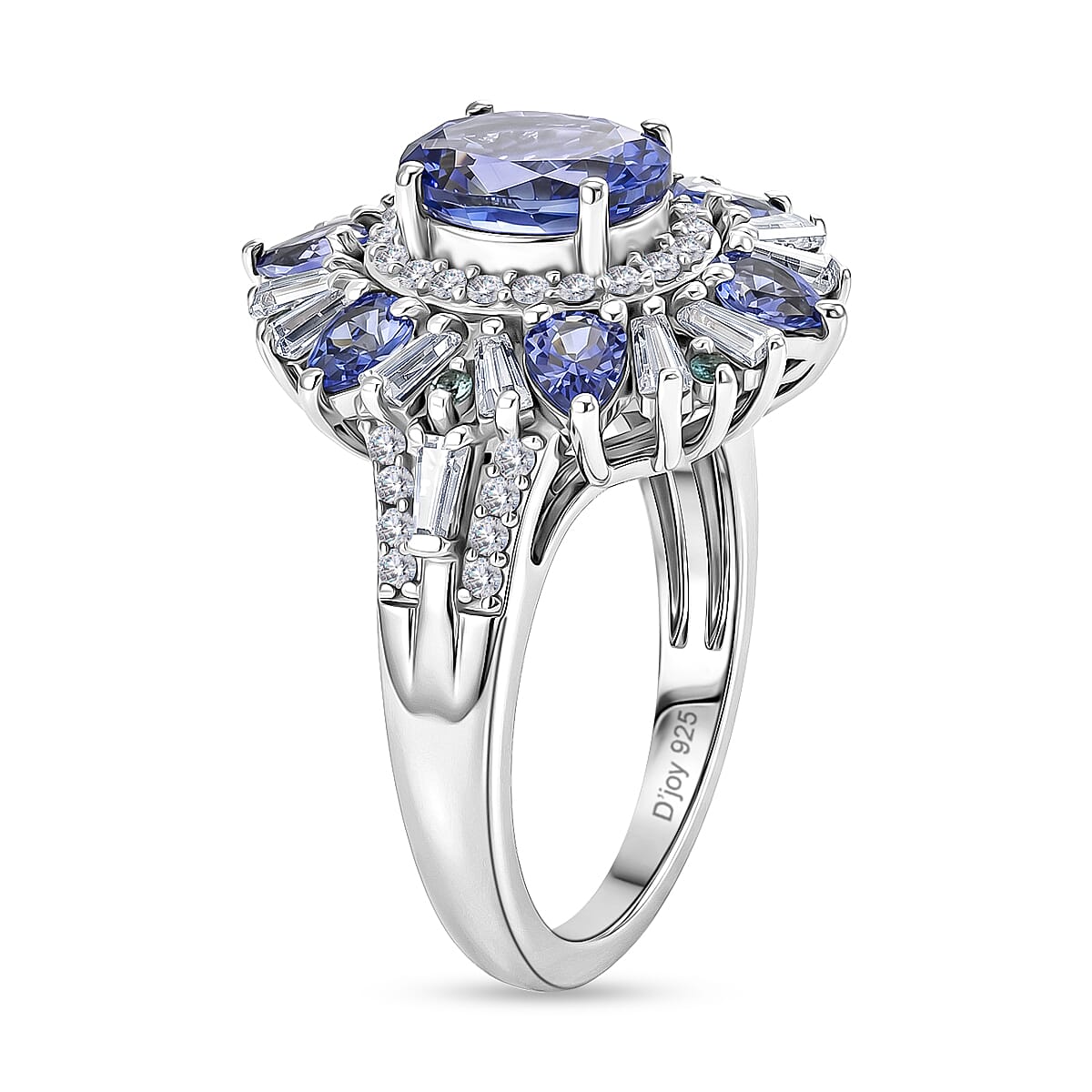 D'Joy Premium Tanzanite, Paraiba Tourmaline and Moissanite 3.15 ctw Sunburst Ring in Rhodium Over Sterling Silver (Size 6.0)