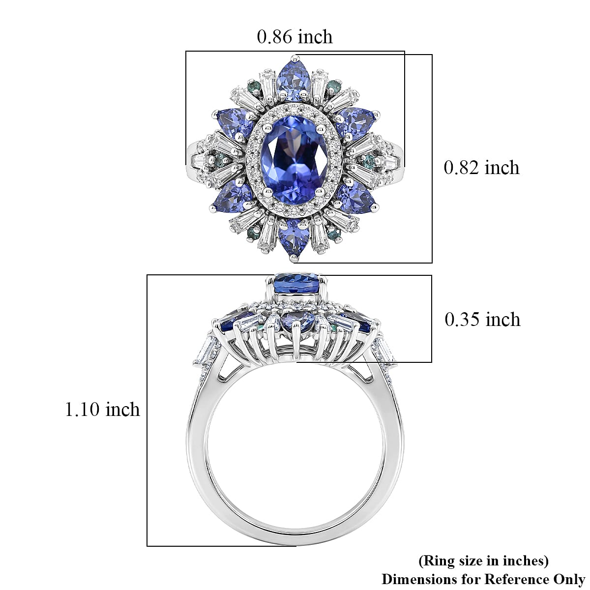 D'Joy Premium Tanzanite, Paraiba Tourmaline and Moissanite 3.15 ctw Sunburst Ring in Rhodium Over Sterling Silver (Size 6.0)