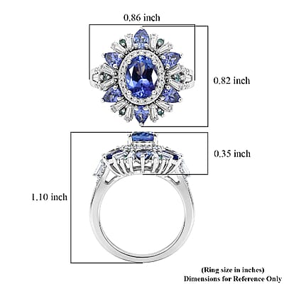 D'Joy Premium Tanzanite, Paraiba Tourmaline and Moissanite 3.15 ctw Sunburst Ring in Rhodium Over Sterling Silver (Size 6.0)