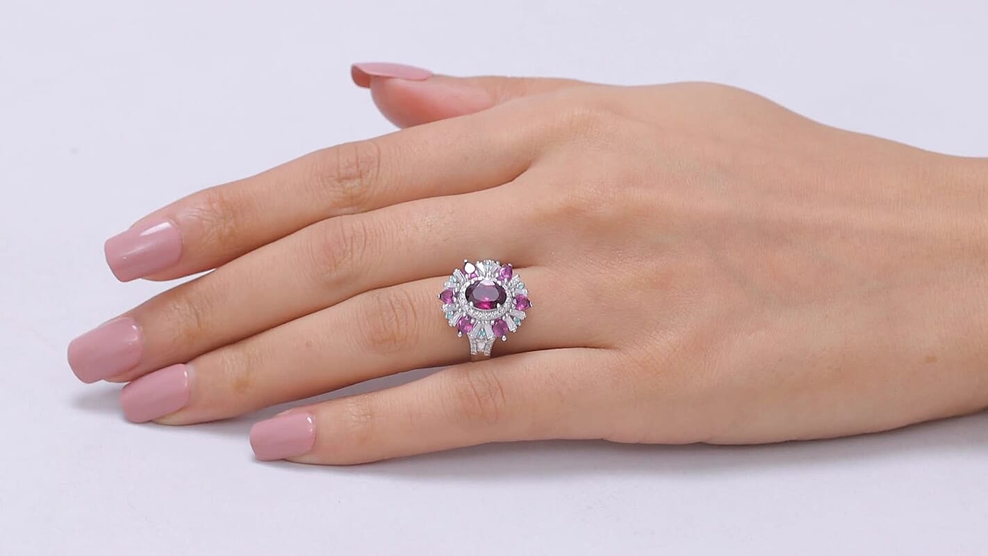 D'Joy Premium Tanzanite, Paraiba Tourmaline and Moissanite 3.15 ctw Sunburst Ring in Rhodium Over Sterling Silver