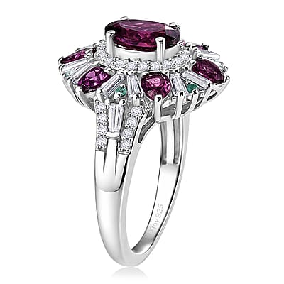 D'Joy Premium Radiant Ember Garnet and Multi Gemstone 3.75 ctw Sunburst Ring in Rhodium Over Sterling Silver (Size 6.0)
