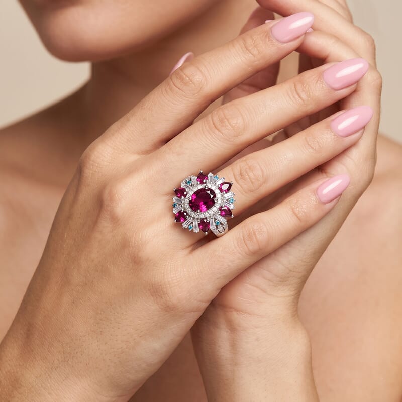 D'Joy Premium Radiant Ember Garnet and Multi Gemstone 3.75 ctw Sunburst Ring in Rhodium Over Sterling Silver (Size 6.0)