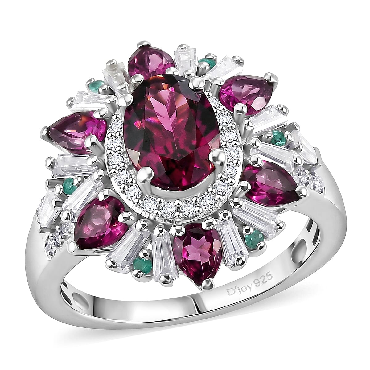 D'Joy Premium Tanzanite, Paraiba Tourmaline and Moissanite 3.15 ctw Sunburst Ring in Rhodium Over Sterling Silver