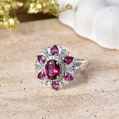 D'Joy Premium Radiant Ember Garnet and Multi Gemstone 3.75 ctw Sunburst Ring in Rhodium Over Sterling Silver (Size 7.0)
