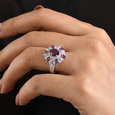 D'Joy Premium Radiant Ember Garnet and Multi Gemstone 3.75 ctw Sunburst Ring in Rhodium Over Sterling Silver (Size 7.0)