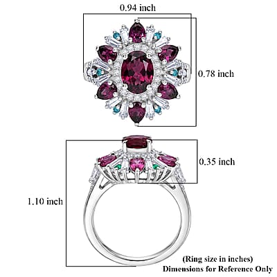 D'Joy Premium Radiant Ember Garnet and Multi Gemstone 3.75 ctw Sunburst Ring in Rhodium Over Sterling Silver (Size 7.0)