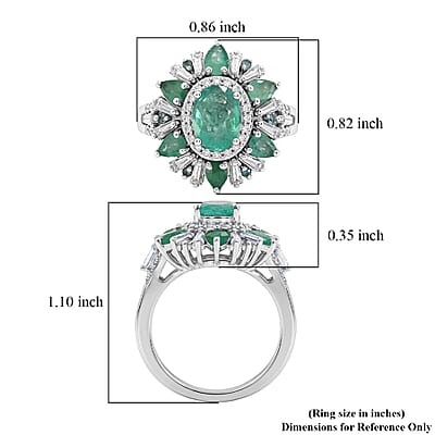 D'Joy Premium Kagem Zambian Emerald, Paraiba Tourmaline and Moissanite 3.00 ctw Sunburst Ring in Rhodium Over Sterling Silver (Size 6.0)