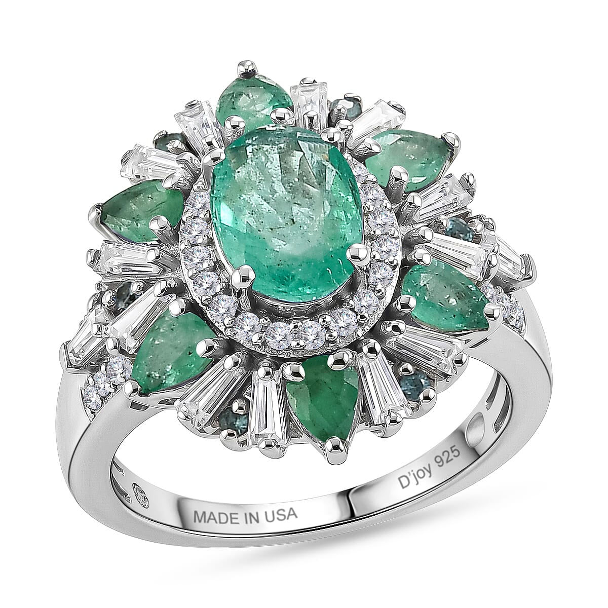 D'Joy Premium Tanzanite, Paraiba Tourmaline and Moissanite 3.15 ctw Sunburst Ring in Rhodium Over Sterling Silver