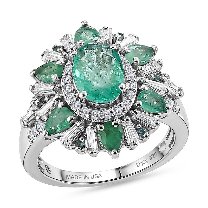 D'Joy Premium Kagem Zambian Emerald, Paraiba Tourmaline and Moissanite 3.00 ctw Sunburst Ring in Rhodium Over Sterling Silver (Size 8.0)