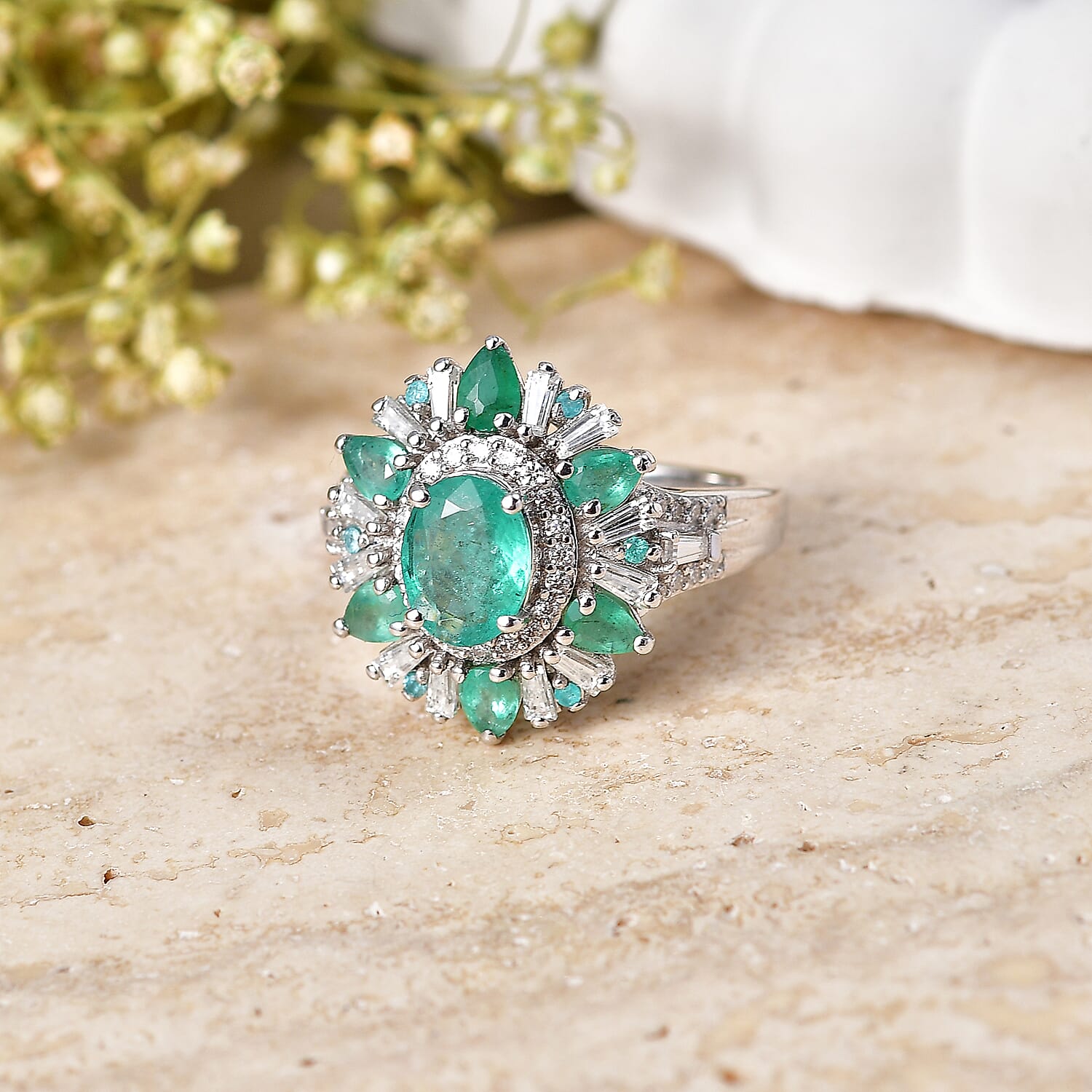 D'Joy Premium Tanzanite, Paraiba Tourmaline and Moissanite 3.15 ctw Sunburst Ring in Rhodium Over Sterling Silver