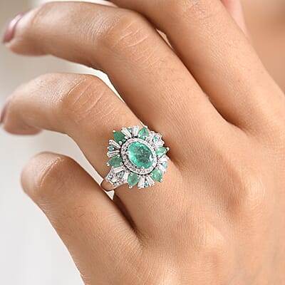 D'Joy Premium Kagem Zambian Emerald, Paraiba Tourmaline and Moissanite 3.00 ctw Sunburst Ring in Rhodium Over Sterling Silver (Size 8.0)