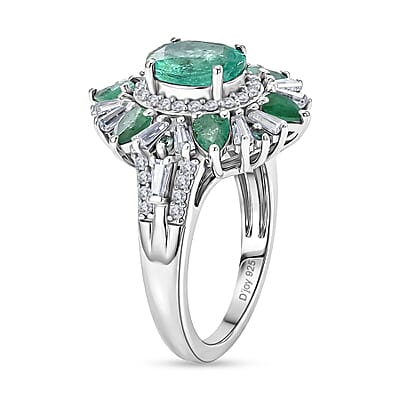 D'Joy Premium Kagem Zambian Emerald, Paraiba Tourmaline and Moissanite 3.00 ctw Sunburst Ring in Rhodium Over Sterling Silver (Size 8.0)