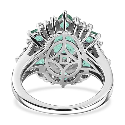 D'Joy Premium Kagem Zambian Emerald, Paraiba Tourmaline and Moissanite 3.00 ctw Sunburst Ring in Rhodium Over Sterling Silver (Size 8.0)