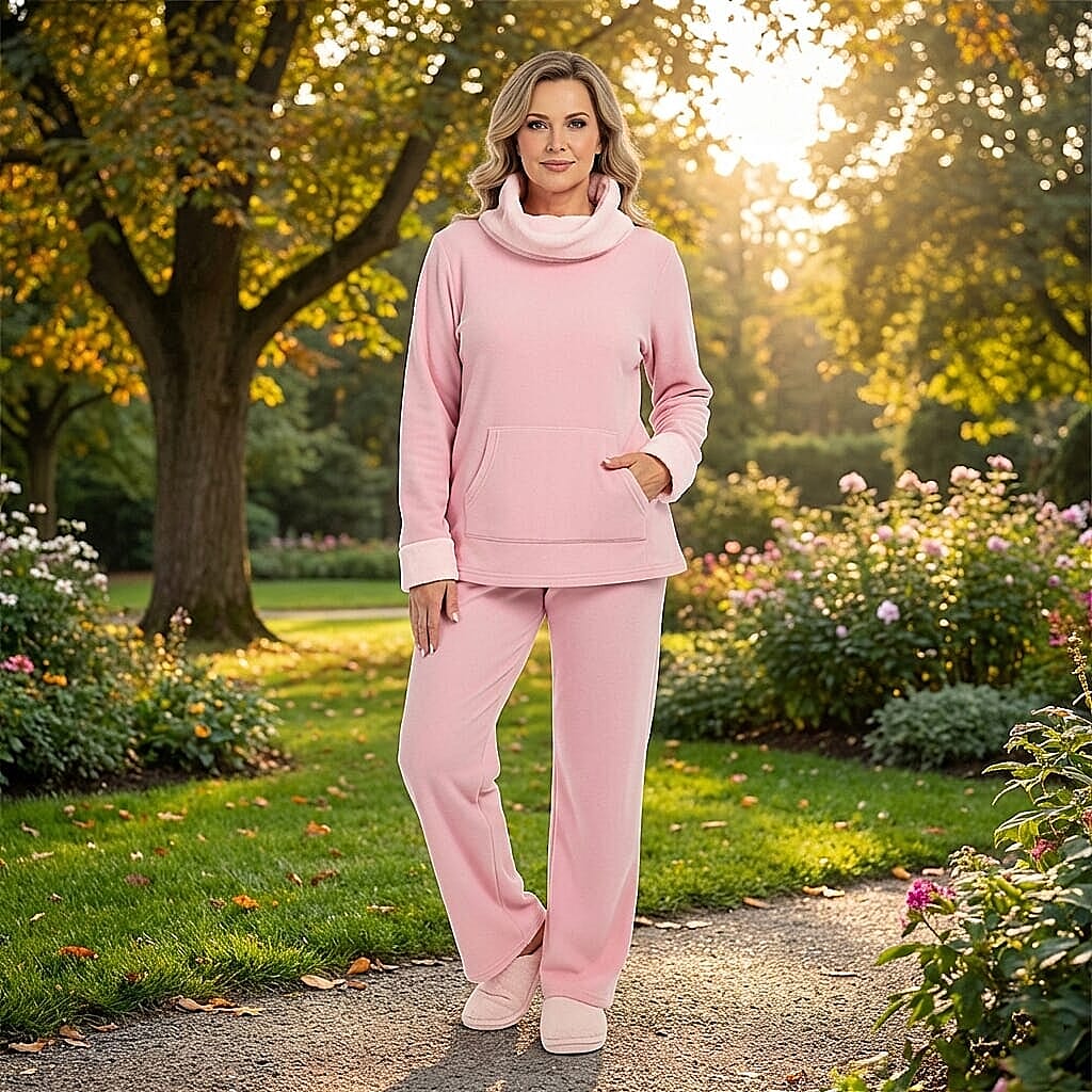 Amanda Paige Pink Cowl Neck Fleece 2 pc Pajama Pant set-L