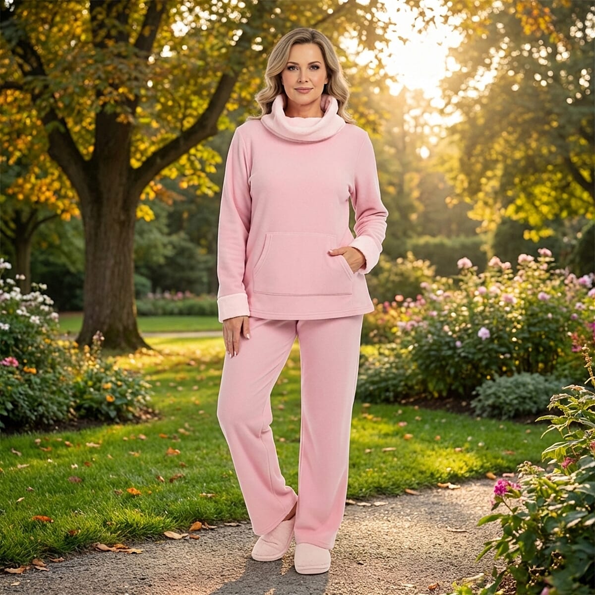 Amanda Paige Pink Cowl Neck Fleece 2 pc Pajama Pant set-L image number 1