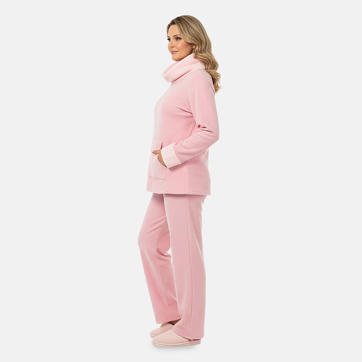 Amanda Paige Pink Cowl Neck Fleece 2 pc Pajama Pant set-L image number 2