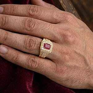 D'Joy Montepuez Ruby, Moissanite Men's Ring in 18K Vermeil YG Over Sterling Silver 2.30 ctw (Size 11.0)