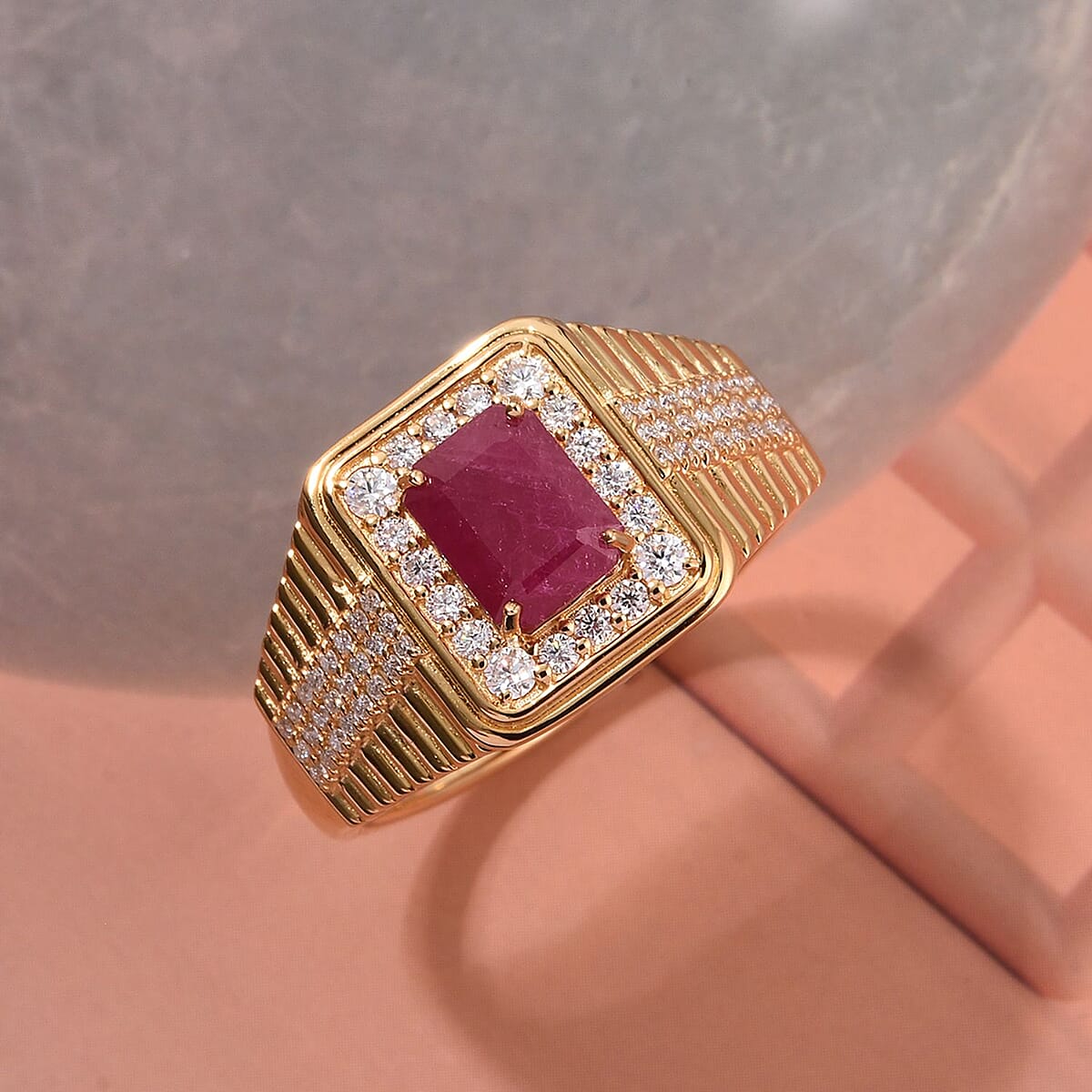 D'Joy Montepuez Ruby, Moissanite Men's Ring in 18K Vermeil YG Over Sterling Silver 2.30 ctw (Size 12.0) image number 1
