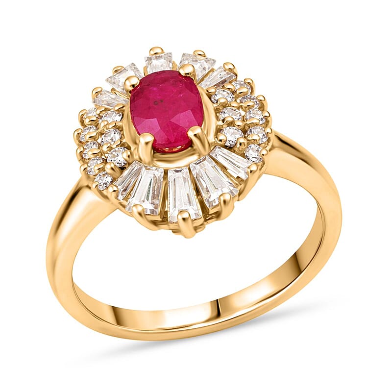 D'Joy Montepuez Ruby, Moissanite Ring in 18K Vermeil YG Over Sterling Silver 2.10 ctw (Size 10.0)