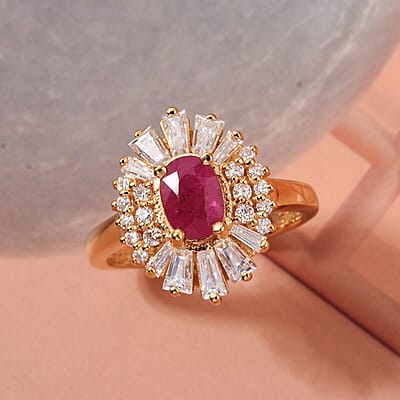 D'Joy Montepuez Ruby, Moissanite Ring in 18K Vermeil YG Over Sterling Silver 2.10 ctw (Size 10.0)
