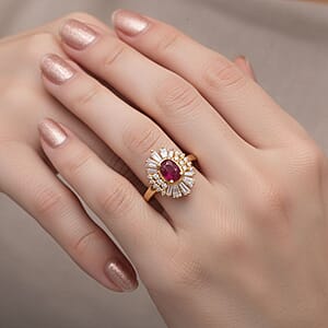 D'Joy Montepuez Ruby, Moissanite Ring in 18K Vermeil YG Over Sterling Silver 2.10 ctw (Size 10.0)