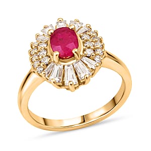 D'Joy Montepuez Ruby, Moissanite Ring in 18K Vermeil YG Over Sterling Silver 2.10 ctw (Size 5.0)