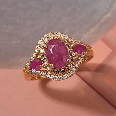 D'Joy Montepuez Ruby, Multi Gemstone Ring in Rhodium and 18K Vermeil YG Over Sterling Silver 2.20 ctw (Size 8.0)