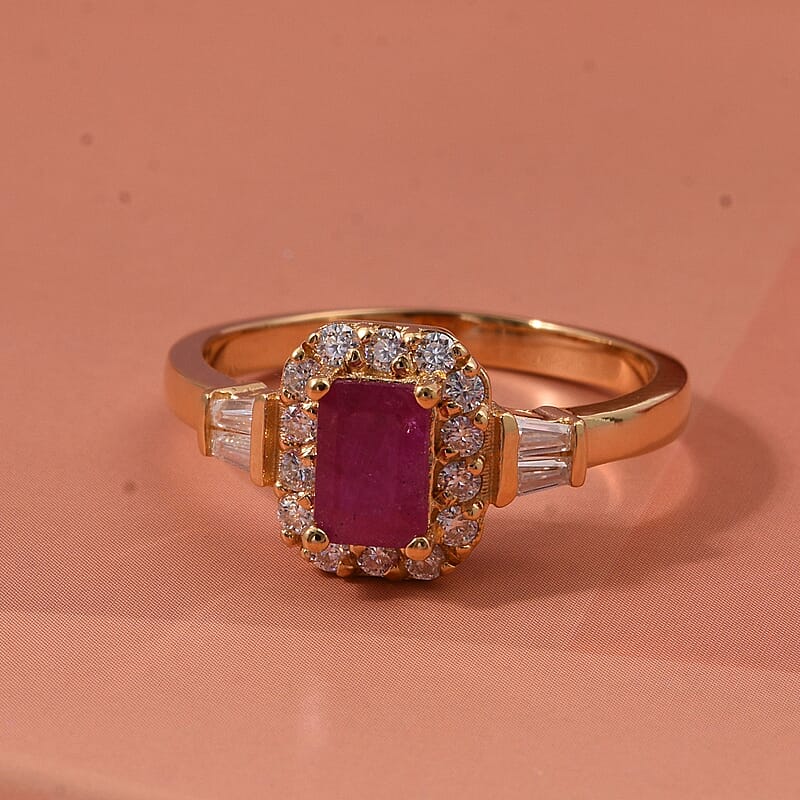 D'Joy Montepuez Ruby, Moissanite Ring in 18K Vermeil YG Over Sterling Silver 1.00 ctw (Size 10.0)