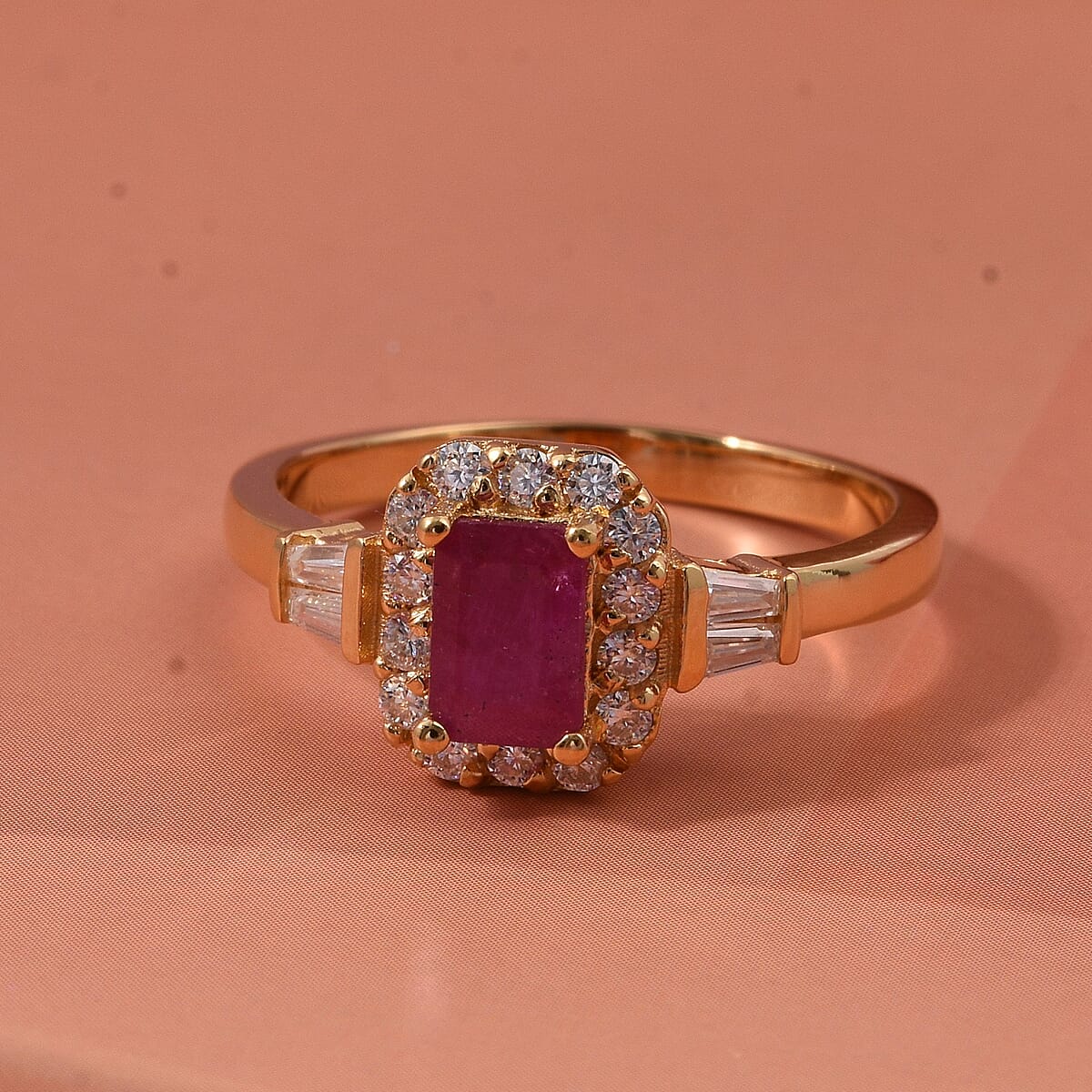D'Joy Montepuez Ruby, Moissanite Ring in 18K Vermeil YG Over Sterling Silver 1.00 ctw (Size 8.0) image number 1
